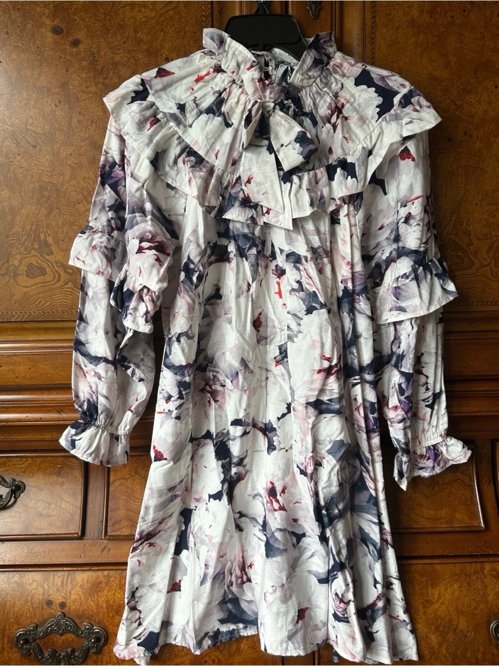 Cupio Floral Ruffle Tie-Neck Mini Dress Size Small NWT Long Sleeve